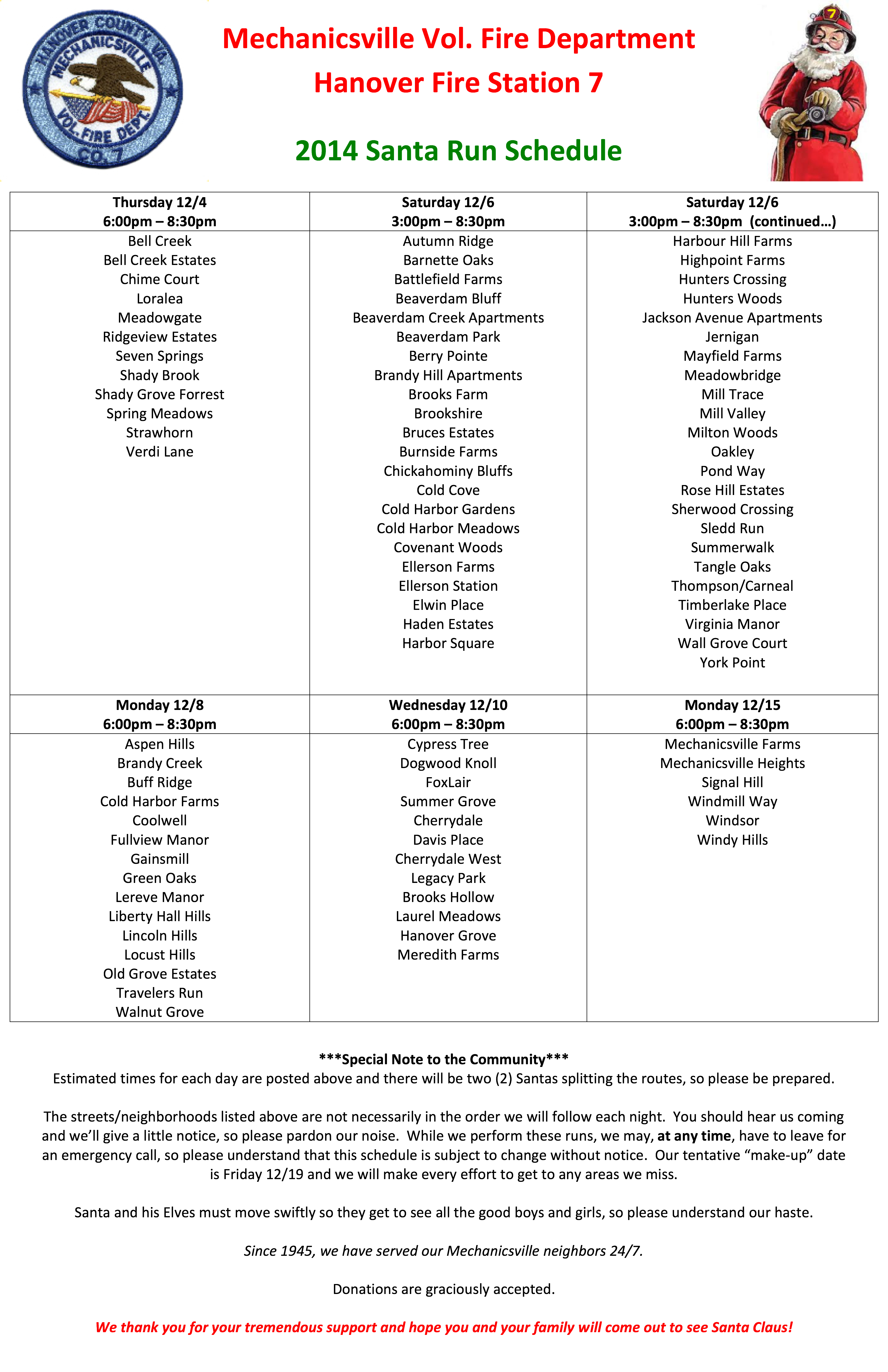 2014 SANTA RUN SCHEDULE