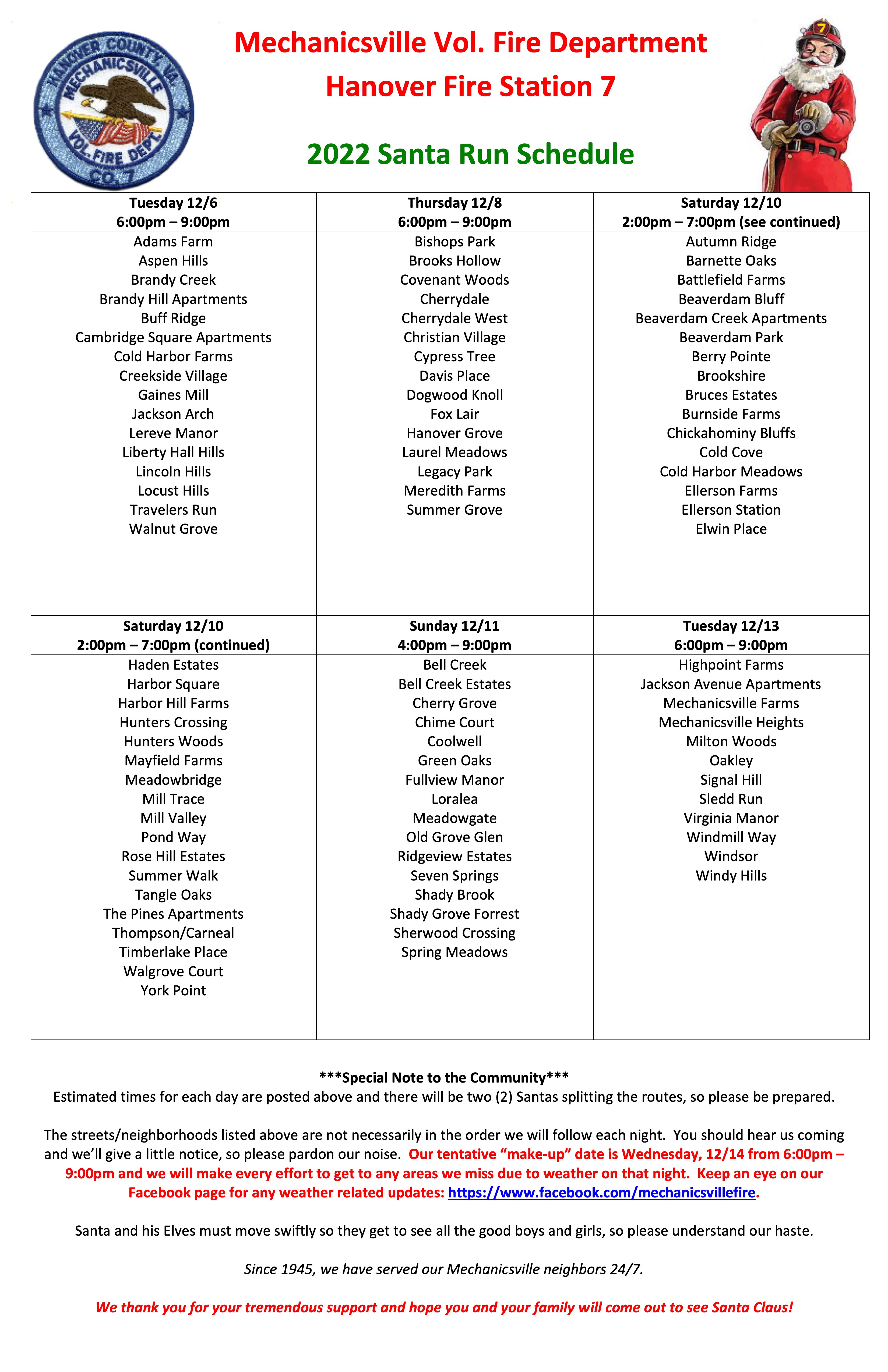 2022 SANTA RUN SCHEDULE