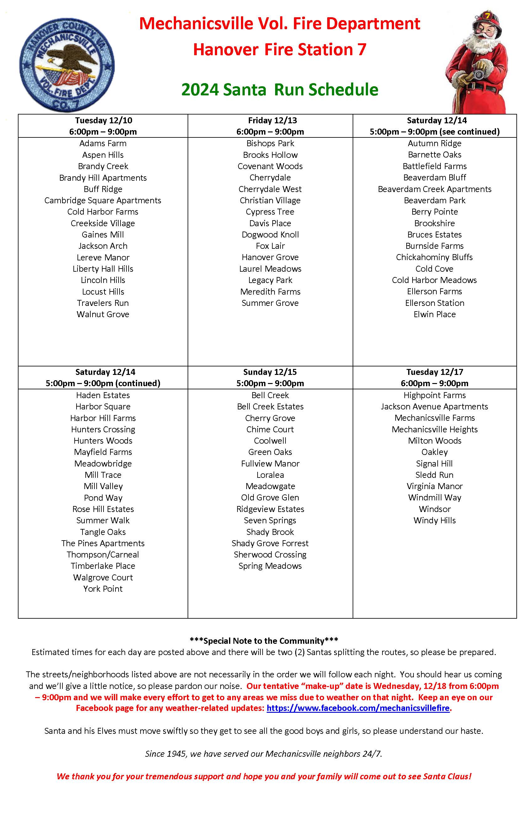 2024 Mechanicsville Volunteer Fire Company Santa Run Schedule